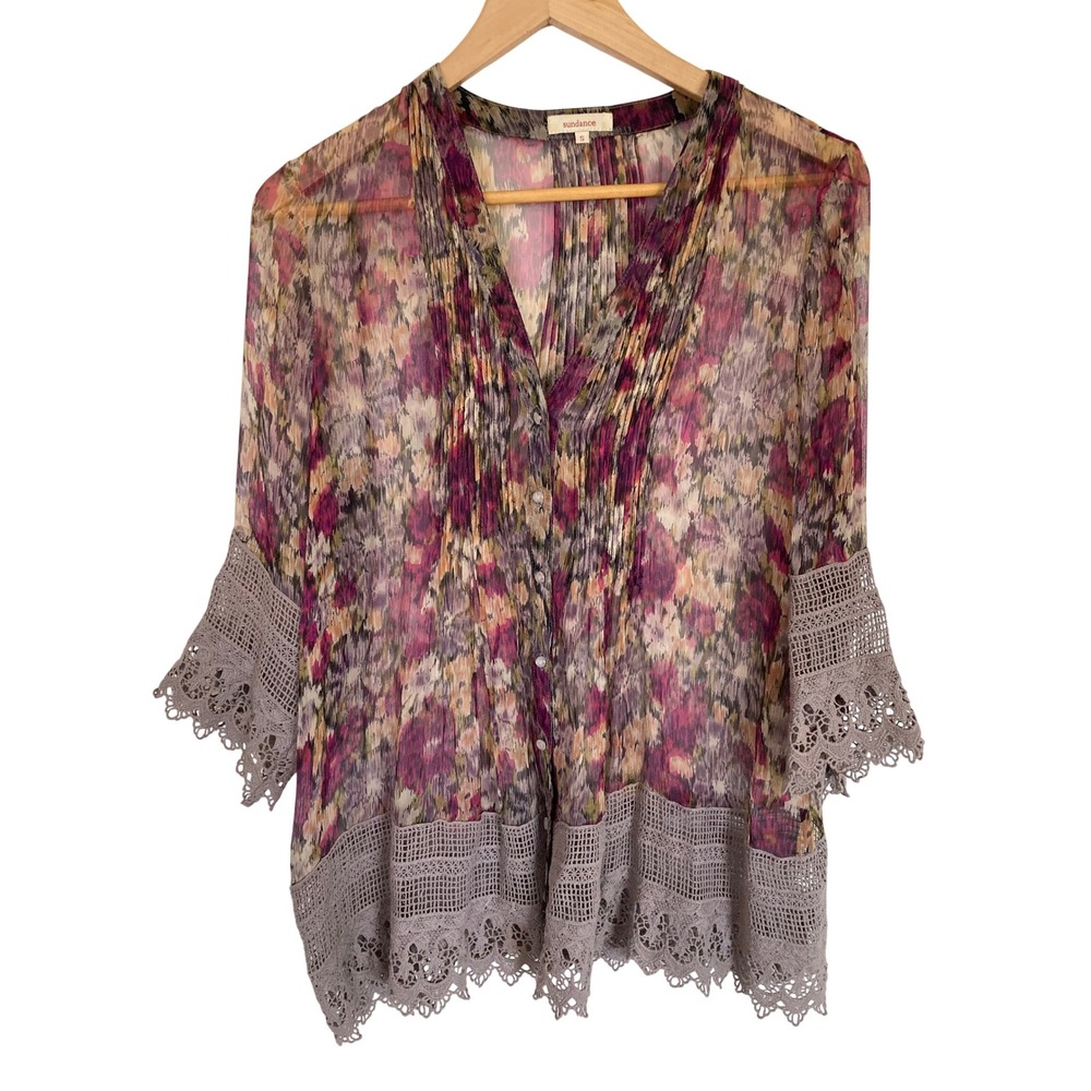 Sundance 100% Silk Floral Crochet Lace Trim Blouse Plum Purple Boho Top Small